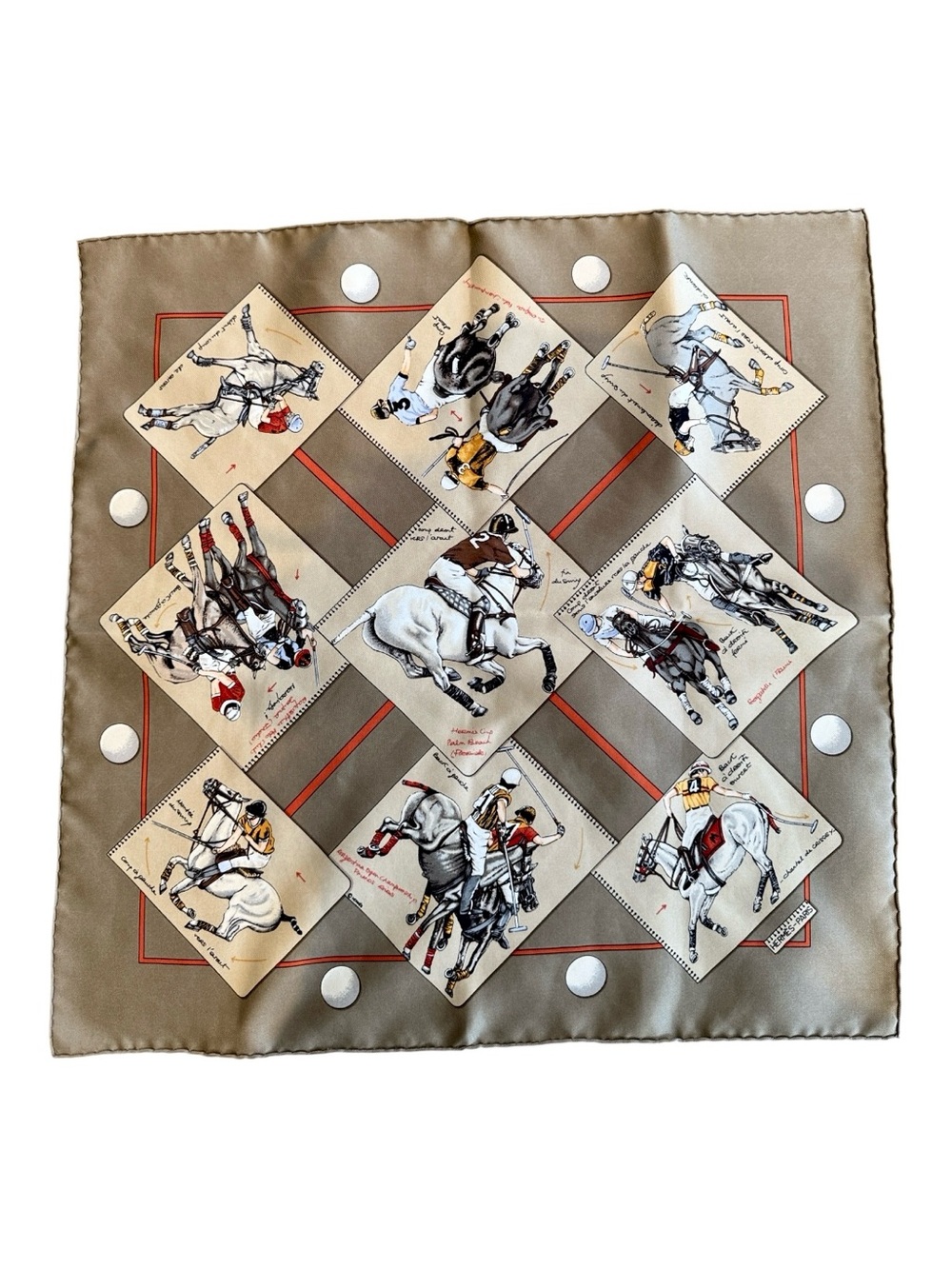 1998 HERMES CHANTAL DE CRISSEY 'LE MONDE DU POLO' 45CM POCKET SQUARE